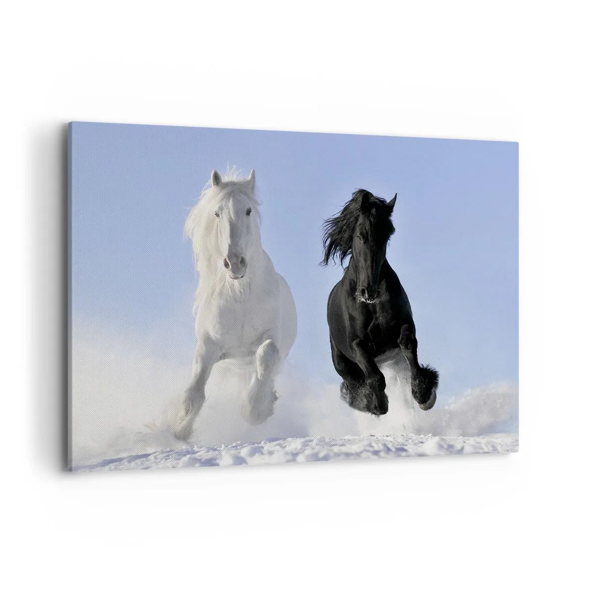 Impression sur toile - Image sur toile - Un cheval blanc et un cheval noir galopant dans la neige - 120x80cm - Galop noir et blanc - Décoration murale moderne pour le salon et la chambre ARTTOR