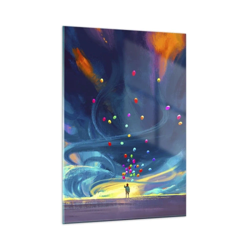 Impression sur verre - Image sur verre - Une personne tenant des ballons colorés sur un fond de vent bleu. - 50x70cm - Au vent bleu ciel - Décoration murale moderne pour le salon et la chambre ARTTOR