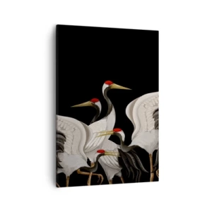 Impression sur toile - Image sur toile - Grues blanches avec des accents rouges sur fond noir - 50x70cm - Histoire d'oiseaux - Décoration murale moderne pour le salon et la chambre ARTTOR