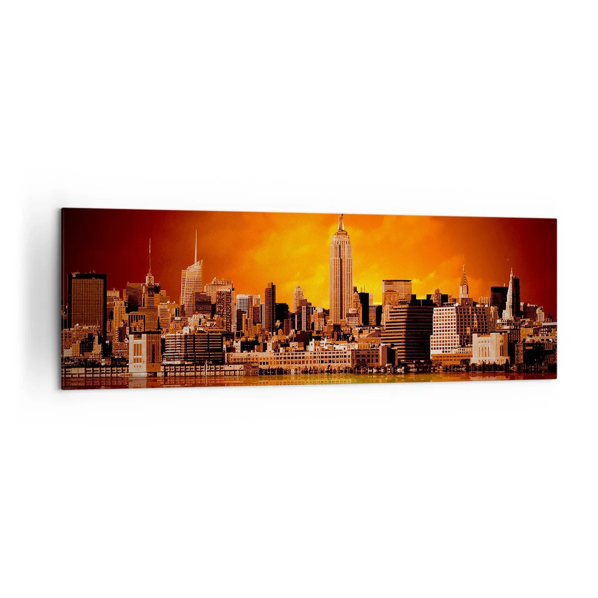 Impression sur toile - Image sur toile - Panorama de la ville au coucher du soleil avec les bâtiments se reflétant dans l'eau - 160x50cm - Panorama de grande ville en jaune et bronze - Décoration murale moderne pour le salon et la chambre ARTTOR