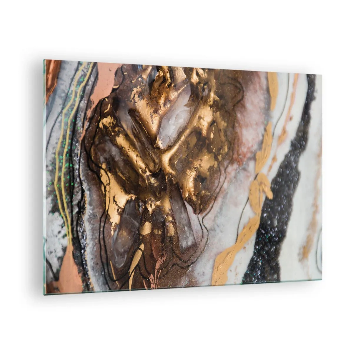 Impression sur verre - Image sur verre - Une peinture abstraite dans des tons d'or, de marron et de blanc avec une texture minérale. - 70x50cm - Élément de la terre - Décoration murale moderne pour le salon et la chambre ARTTOR