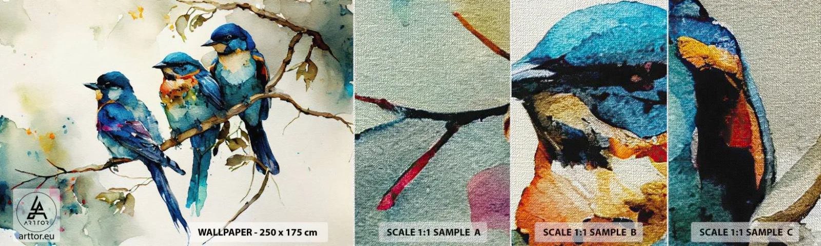 Échantillon de Papier Peint Premium Canvas - A-t-il été offensé ? - Des oiseaux, Nature, Aquarelle - 100x30 cm