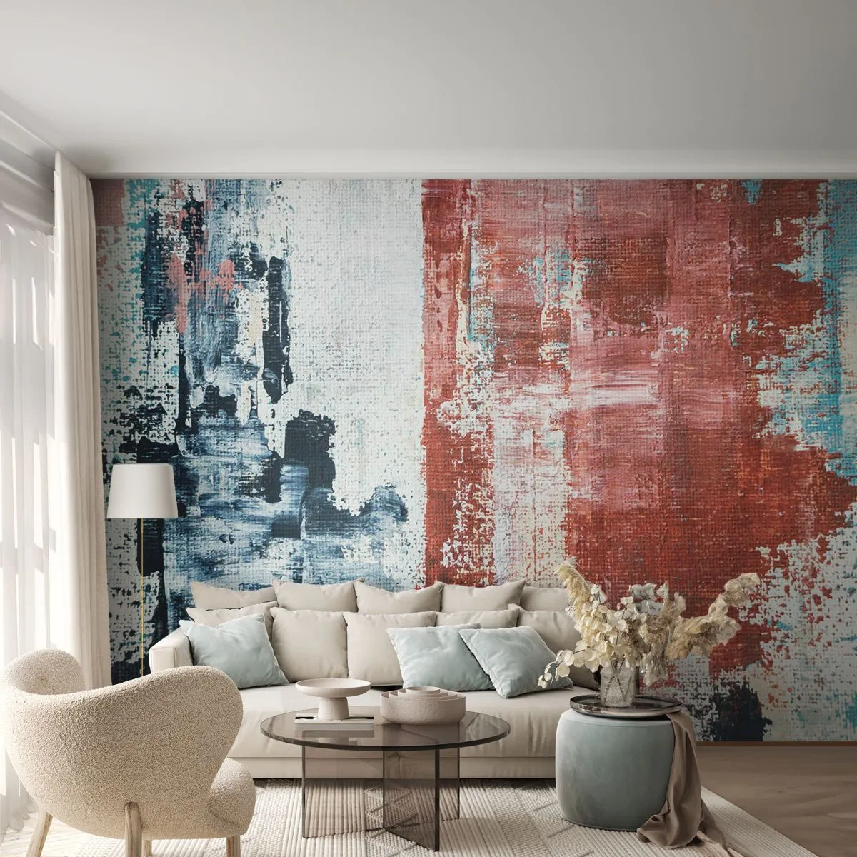 Papier Peint Photo Standard Eco - Composition abstraite avec du rouge et du bleu - 100x70cm - Moitié-moitié abstrait - Décoration murale moderne pour le salon et la chambre ARTTOR