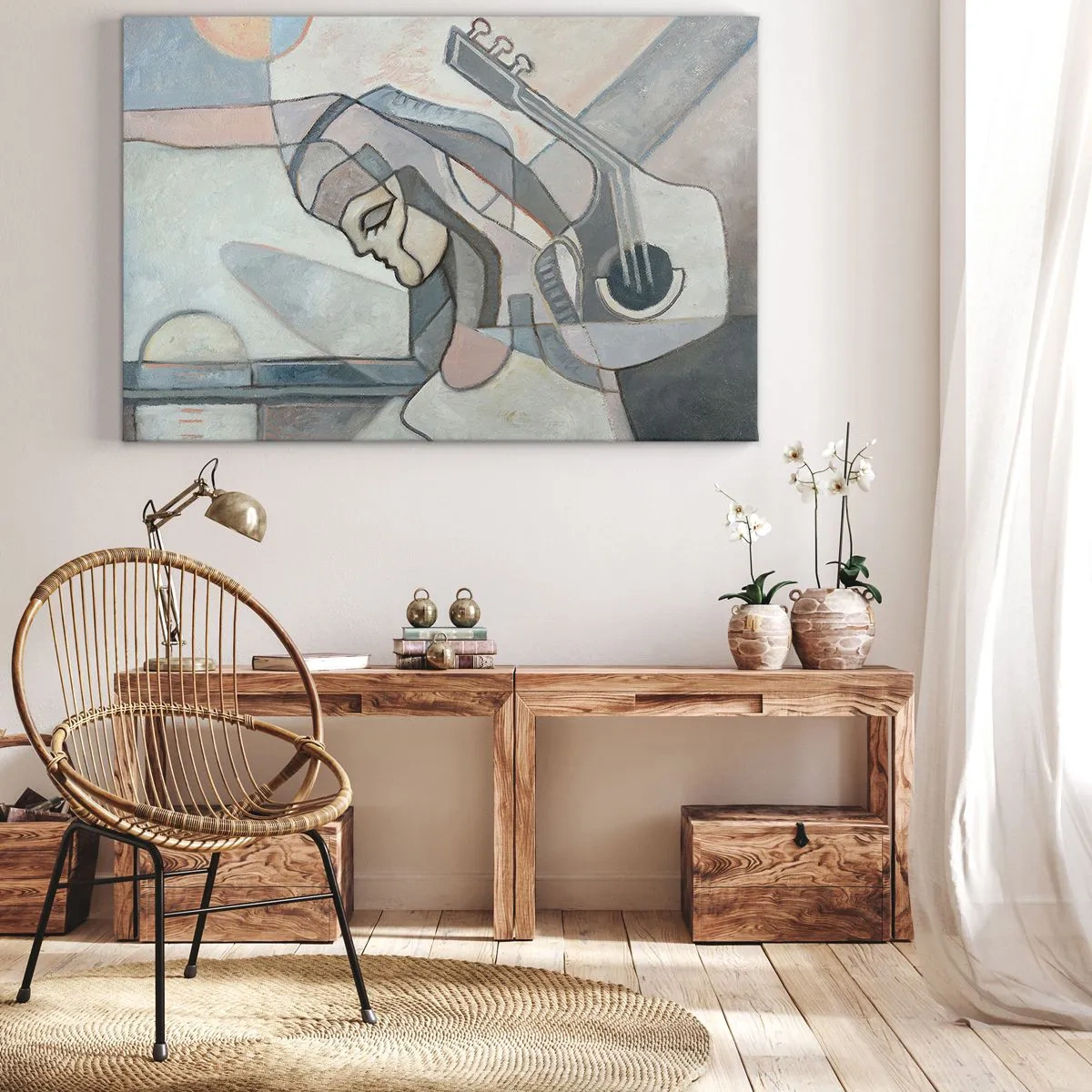 Impression sur toile - Image sur toile - Une figure abstraite avec une guitare aux couleurs pastel. - 100x70cm - Au pouvoir de la musique - Décoration murale moderne pour le salon et la chambre ARTTOR