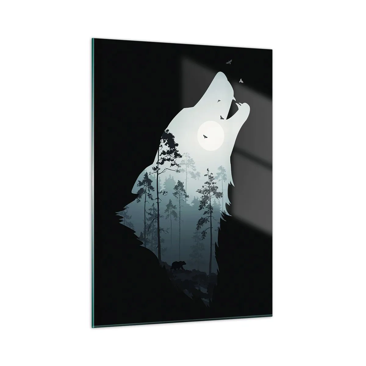 Impression sur verre - Image sur verre - Silhouette d'un loup avec une forêt et la lune en arrière-plan sur un fond noir - 50x70cm - La voix de nuit de la forêt - Décoration murale moderne pour le salon et la chambre ARTTOR