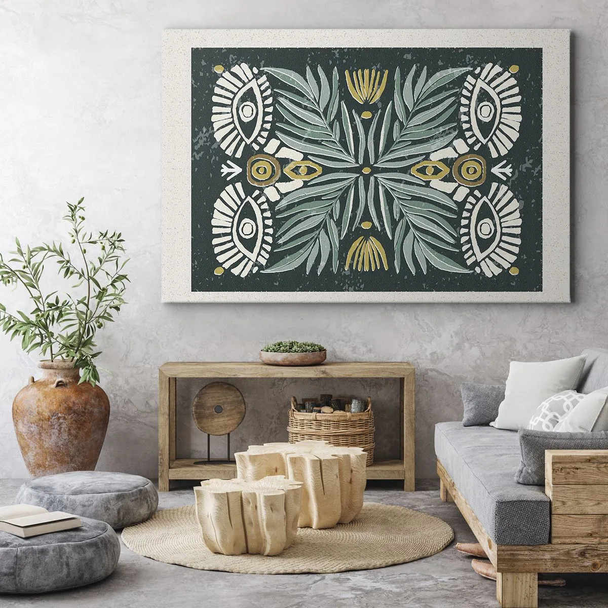 Impression sur toile - Image sur toile - Motif végétal symétrique sur fond vert - 100x70cm - Comme une découpe folklorique - Décoration murale moderne pour le salon et la chambre ARTTOR