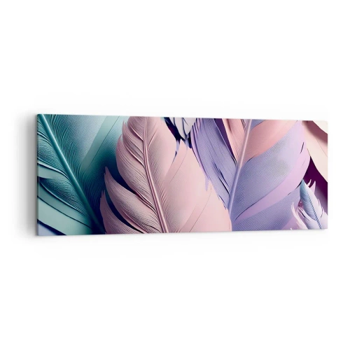 Impression sur toile - Image sur toile - Plumes colorées dans des tons pastel sur un fond clair - 140x50cm - Oiseau chic - Décoration murale moderne pour le salon et la chambre ARTTOR