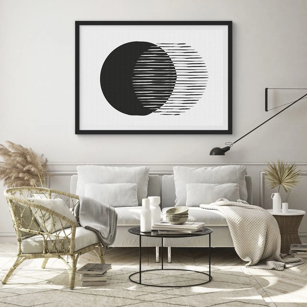 Affiche dans un cadre noir - Poster - Deux cercles superposés avec des lignes noires et blanches - 100x70cm - Son alter ego - Décoration murale moderne pour le salon et la chambre ARTTOR