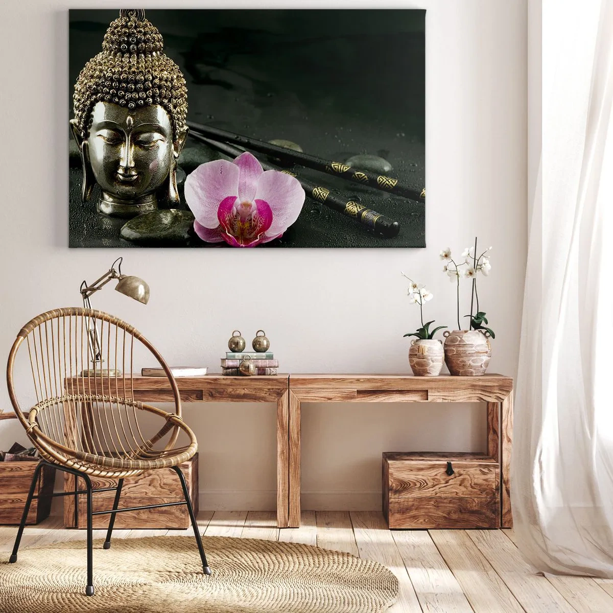 Impression sur toile - Image sur toile - Une statuette de Bouddha avec une orchidée et des baguettes sur un fond de pierres - 100x70cm - Harmonie de la sagesse et de la beauté - Décoration murale moderne pour le salon et la chambre ARTTOR