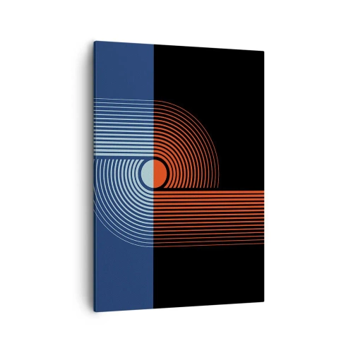 Impression sur toile - Image sur toile - Abstraction géométrique avec des lignes bleu marine et orange. - 50x70cm - Dans une étreinte géométrique - Décoration murale moderne pour le salon et la chambre ARTTOR