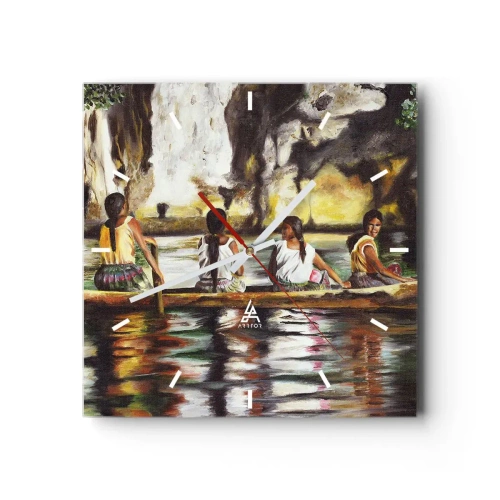 Horloge murale - Pendule murale - Femmes dans un bateau sur une rivière calme avec un arrière-plan pittoresque - 30x30cm - Dans un paradis polynésien - Décoration murale moderne pour le salon et la chambre ARTTOR