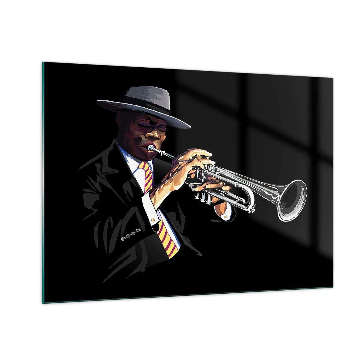 Impression sur verre - Image sur verre - Un musicien noir avec une trompette et un chapeau sur fond noir - 100x70cm - Le charme de la vieille école - Décoration murale moderne pour le salon et la chambre ARTTOR