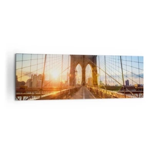 Impression sur toile - Image sur toile - Le pont à la lumière du soleil couchant avec vue sur la ville - 160x50cm - Sur le pont d'or - Décoration murale moderne pour le salon et la chambre ARTTOR