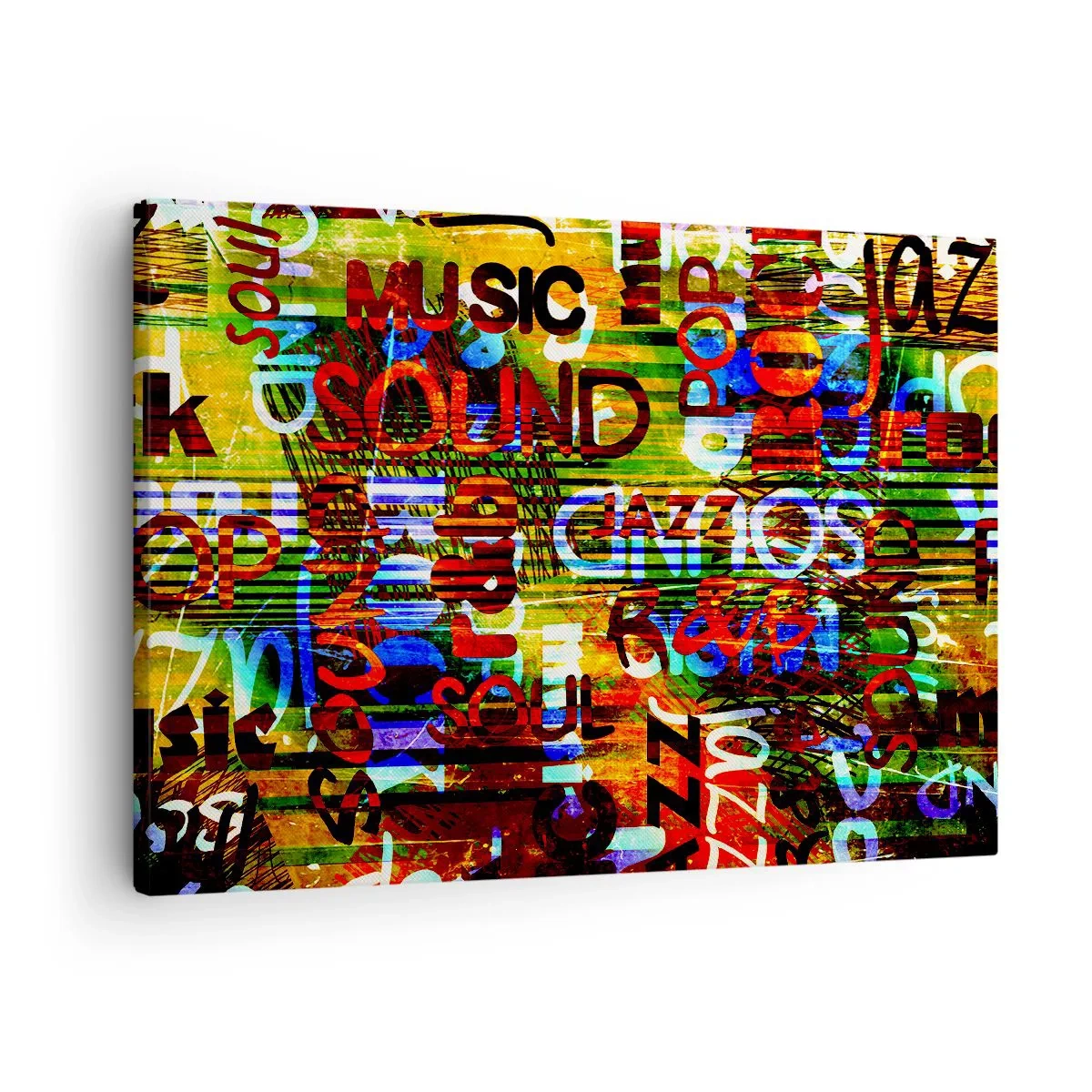 Impression sur toile - Image sur toile - Abstraction colorée avec des inscriptions musicales dans un style pop art - 70x50cm - Toutes les nuances du son - Décoration murale moderne pour le salon et la chambre ARTTOR