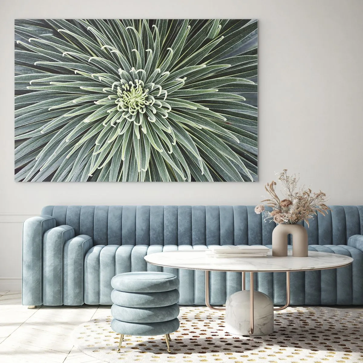 Impression sur verre - Image sur verre - Rosette symétrique de feuilles vertes en macrophotographie - 100x70cm - Naissance d'une étoile - Décoration murale moderne pour le salon et la chambre ARTTOR