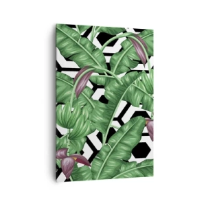 Impression sur toile - Image sur toile - Feuilles tropicales sur fond géométrique - 70x100cm - Une composition symétrique par nature - Décoration murale moderne pour le salon et la chambre ARTTOR