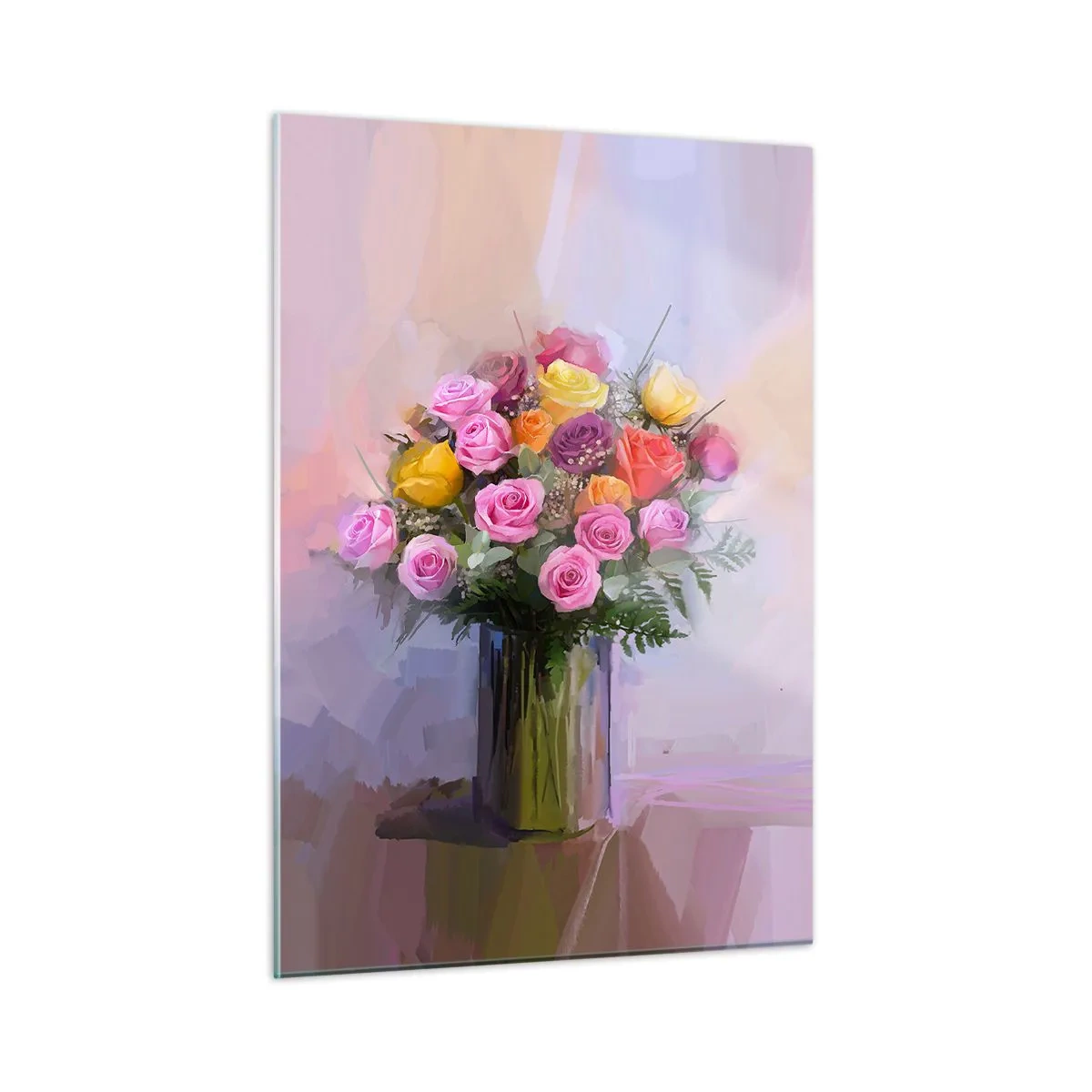 Impression sur verre - Image sur verre - Un bouquet de roses dans un vase en verre sur fond pastel - 50x70cm - Beauté conservée - Décoration murale moderne pour le salon et la chambre ARTTOR