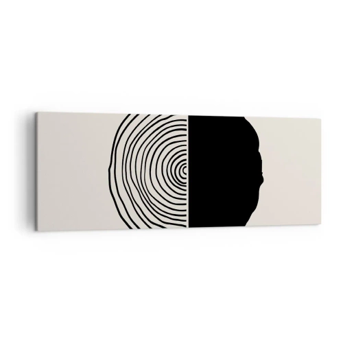 Impression sur toile - Image sur toile - Un motif abstrait en noir et blanc inspiré d'une coupe transversale de bois avec une division géométrique. - 140x50cm - Moitié-moitié - Décoration murale moderne pour le salon et la chambre ARTTOR