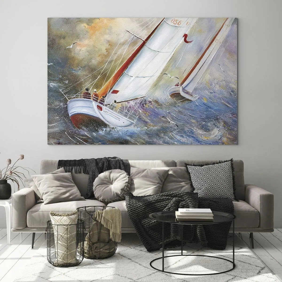 Impression sur verre - Image sur verre - Voiliers dans une mer agitée lors d'une régate - 120x80cm - Concourir sur les vagues - Décoration murale moderne pour le salon et la chambre ARTTOR