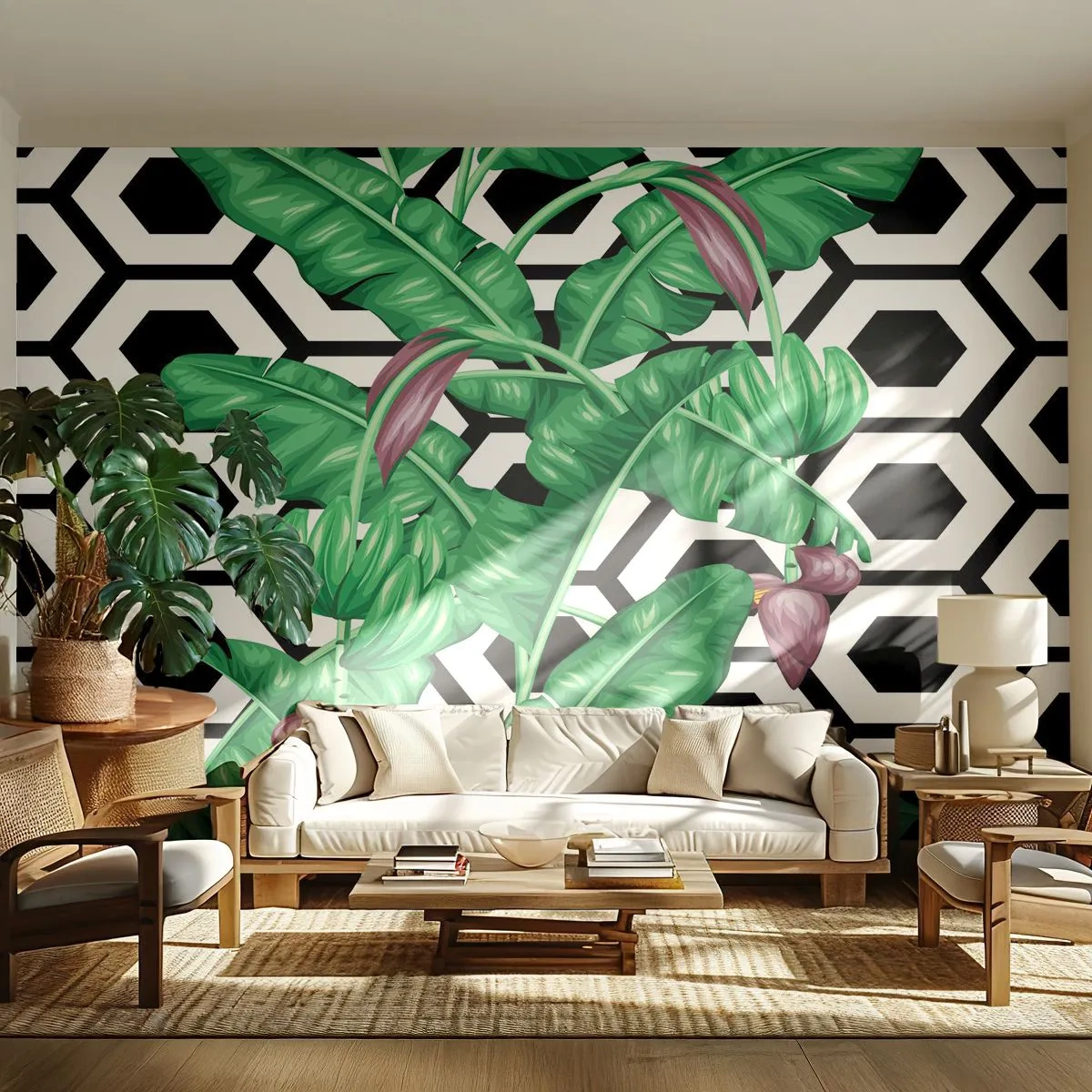 Papier Peint Photo Premium Sand - Feuilles de bananier exotiques sur fond géométrique - 100x70cm - Une composition symétrique par nature - Décoration murale moderne pour le salon et la chambre ARTTOR