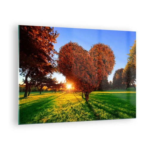 Impression sur verre - Image sur verre - Un arbre en forme de cœur sur fond de soleil couchant - 70x50cm - Et comment ne pas aimer tomber - Décoration murale moderne pour le salon et la chambre ARTTOR