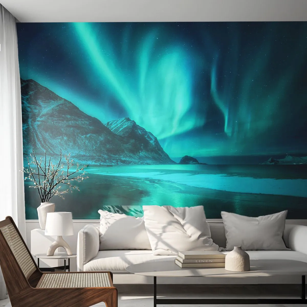 Papier Peint Photo Premium Sand - Aurore boréale sur le paysage hivernal du fjord - 100x70cm - Merveilles du Nord - Décoration murale moderne pour le salon et la chambre ARTTOR