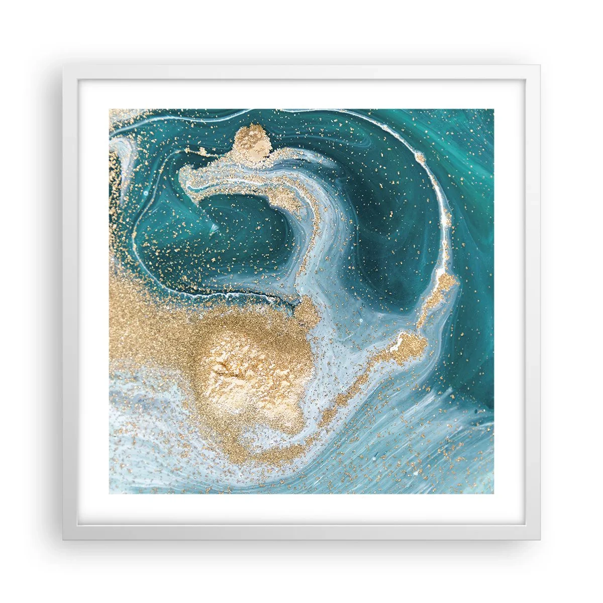 Affiche dans un cadre blanc - Poster - Tourbillon d'or et de turquoise - 50x50 cm