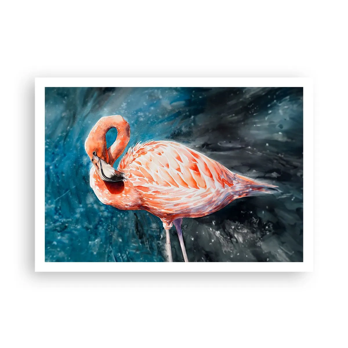 Affiche - Poster - Un flamant rose sur un fond bleu aquarelle - 100x70cm - Décoratif par nature - Décoration murale moderne pour le salon et la chambre ARTTOR