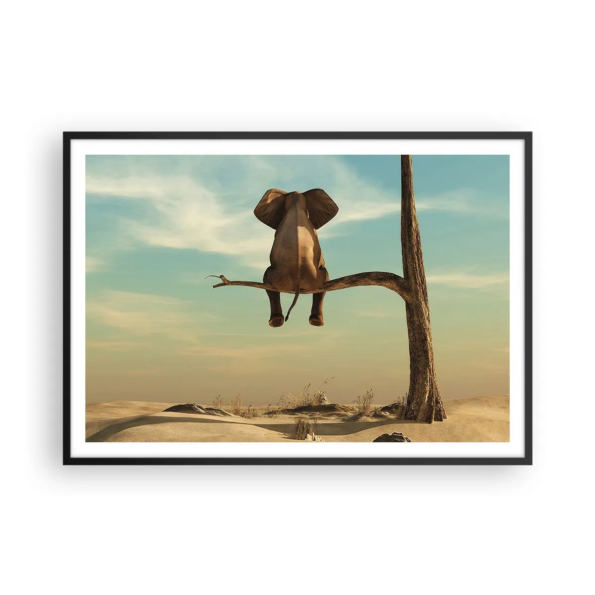 Affiche dans un cadre noir - Poster - Un éléphant assis sur une branche surplombant un paysage désertique - 100x70cm - Nouveau point de vue - Décoration murale moderne pour le salon et la chambre ARTTOR