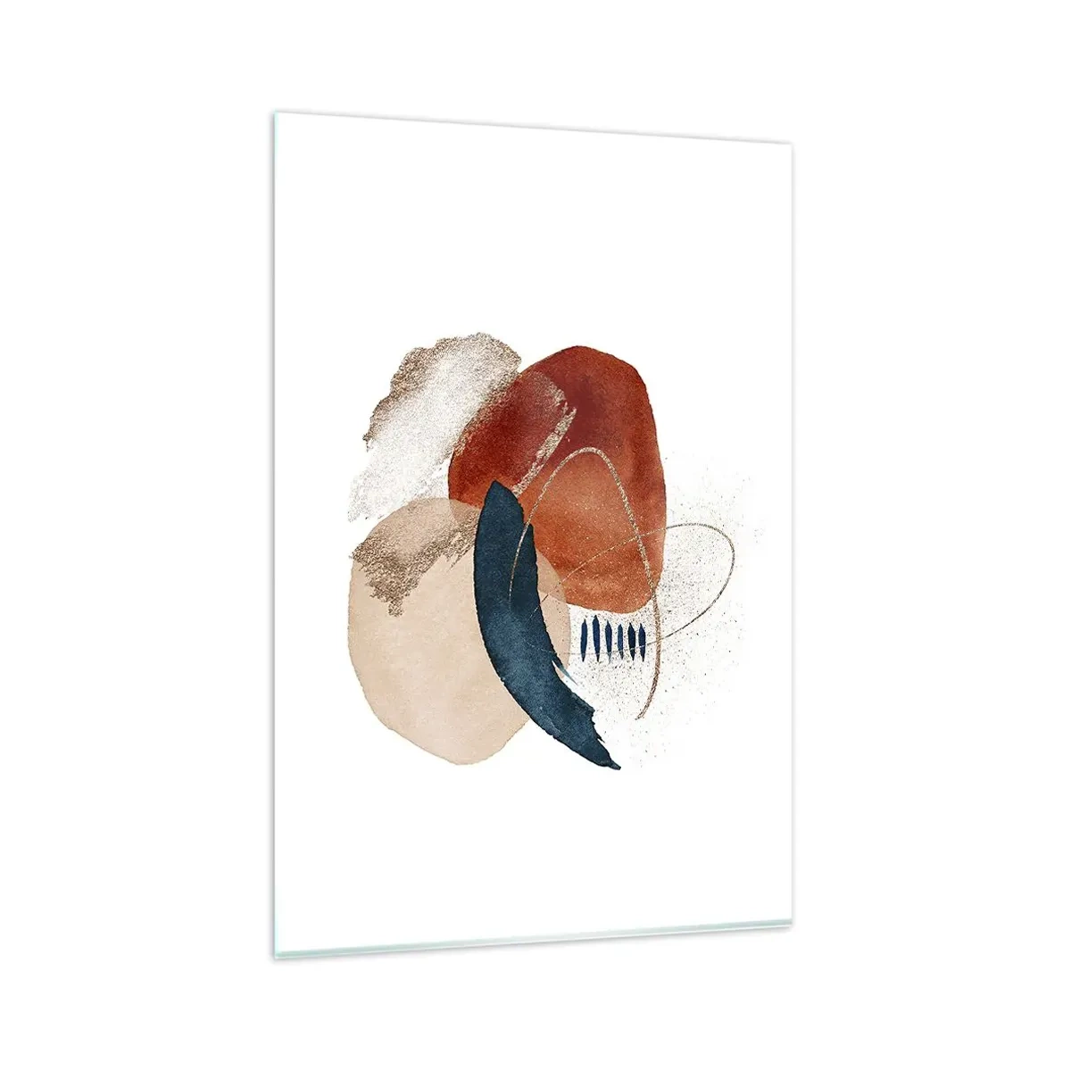 Impression sur verre - Image sur verre - Une composition abstraite avec des taches dans des tons terreux et bleu marine. - 80x120cm - Composition ovale - Décoration murale moderne pour le salon et la chambre ARTTOR