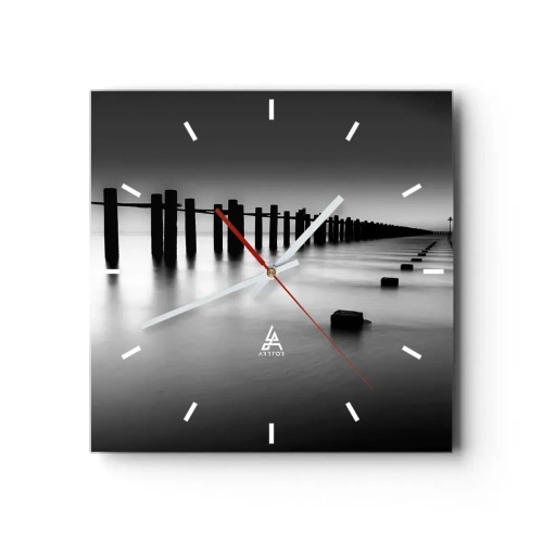 Horloge murale - Pendule murale - Poteaux en bois et blocs de béton immergés dans l'eau dans des tons noirs et blancs - 30x30cm - Distance grise dans le brouillard - Décoration murale moderne pour le salon et la chambre ARTTOR