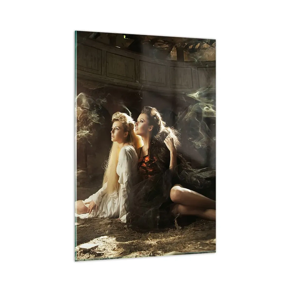 Impression sur verre - Image sur verre - Deux femmes dans un décor magique avec des effets de lumière éthérés. - 80x120cm - Et il y a eu la poésie - Décoration murale moderne pour le salon et la chambre ARTTOR
