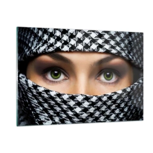 Impression sur verre - Image sur verre - Yeux verts entourés d'un motif noir et blanc - 120x80cm - Un portrait d'une beauté voilée aux yeux verts - Décoration murale moderne pour le salon et la chambre ARTTOR