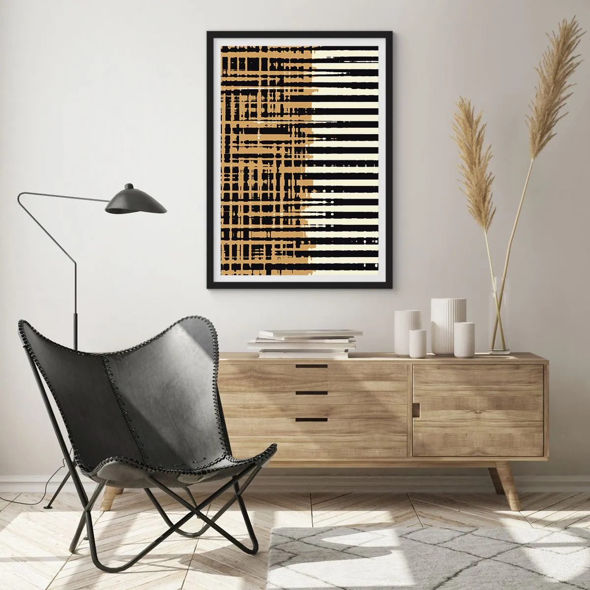 Affiche dans un cadre noir - Poster - Motif géométrique avec des lignes et des couleurs chaudes - 50x70cm - Abstraction architecturale - Décoration murale moderne pour le salon et la chambre ARTTOR