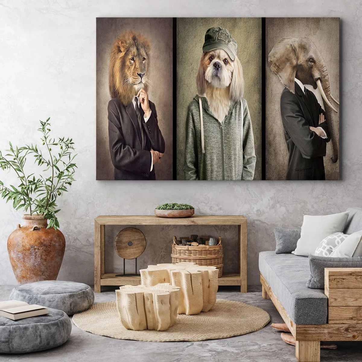 Impression sur toile - Image sur toile - Portraits stylisés d'un lion, d'un chien et d'un éléphant dans des vêtements élégants - 100x70cm - je préfère plus détendu - Décoration murale moderne pour le salon et la chambre ARTTOR