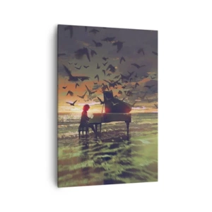 Impression sur toile - Image sur toile - Un piano au bord de la mer au coucher du soleil avec des oiseaux - 70x100cm - Concert pour piano et vagues - Décoration murale moderne pour le salon et la chambre ARTTOR