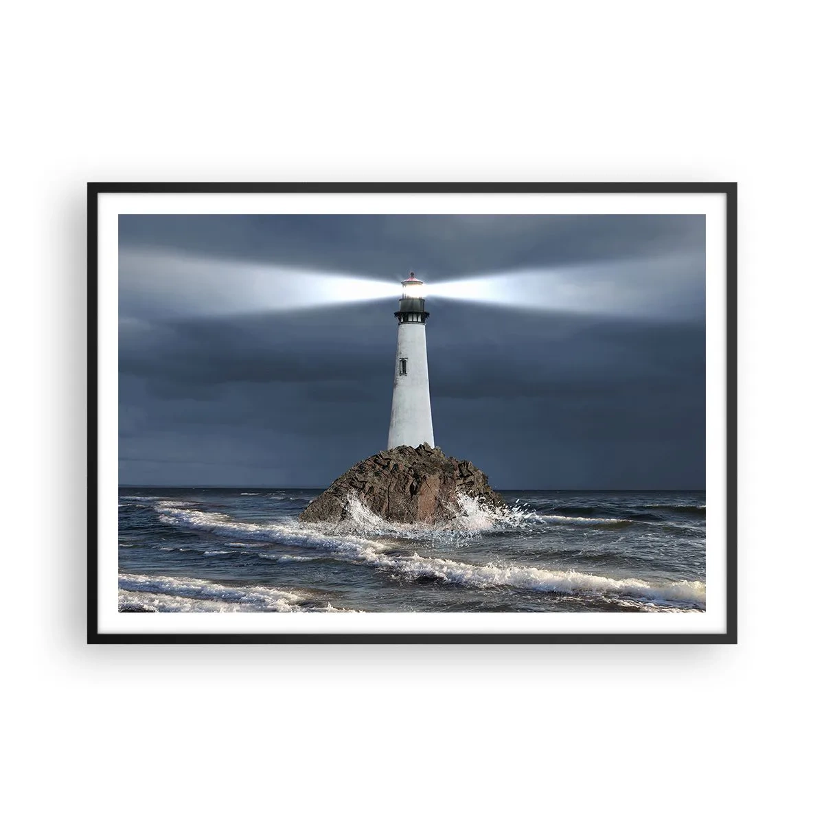 Affiche dans un cadre noir - Poster - Un phare sur un rocher entouré d'une mer agitée - 100x70cm - I… i… ici ! - Décoration murale moderne pour le salon et la chambre ARTTOR