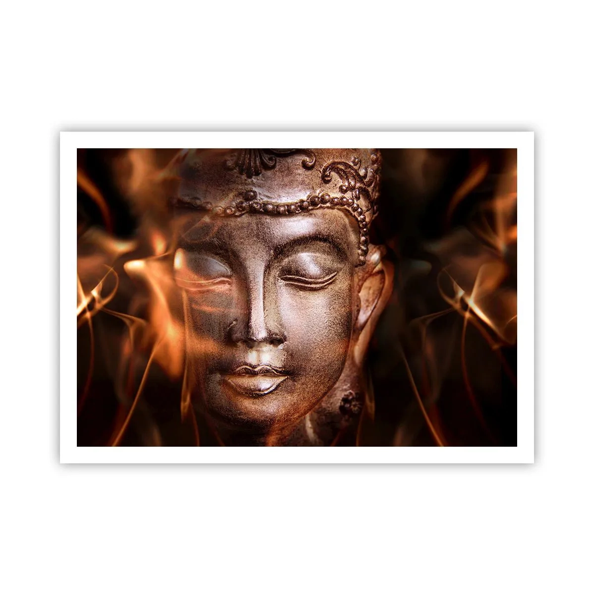 Affiche - Poster - Une statue de Bouddha au milieu de flammes aux teintes dorées - 100x70cm - Il n'existe qu'ici et maintenant - Décoration murale moderne pour le salon et la chambre ARTTOR