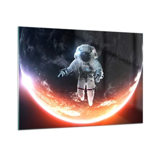Impression sur verre - Image sur verre - Astronaute dans l'espace avec une planète en arrière-plan - 100x70cm - Puis-je rester un peu plus longtemps ? - Décoration murale moderne pour le salon et la chambre ARTTOR