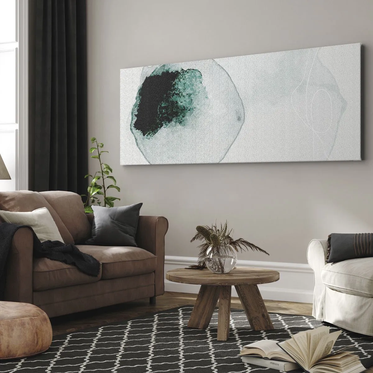 Impression sur toile - Image sur toile - Goutte d'eau abstraite avec des nuances de vert et de noir - 140x50cm - Dans une goutte d'eau - Décoration murale moderne pour le salon et la chambre ARTTOR