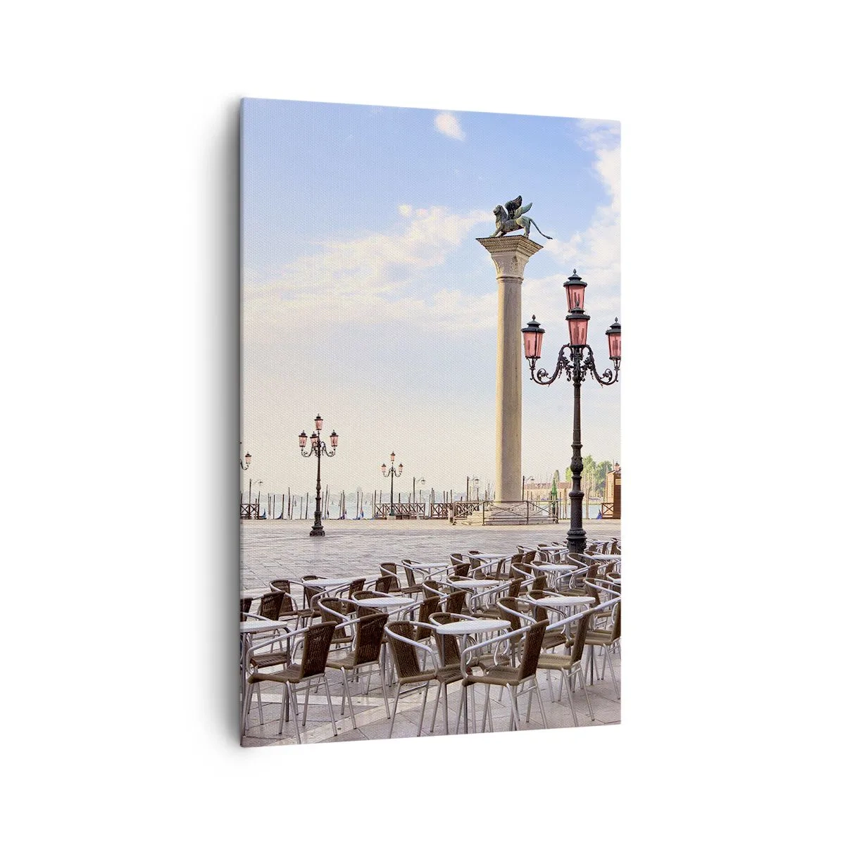 Impression sur toile - Image sur toile - Venise, vue de la place avec des colonnes et des tables de café - 80x120cm - Nous vous invitons, tout est prêt - Décoration murale moderne pour le salon et la chambre ARTTOR