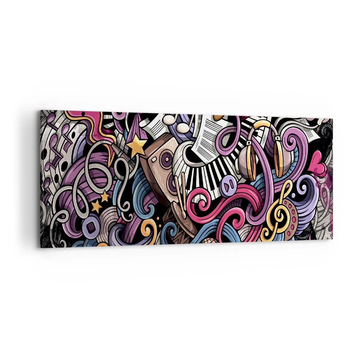 Impression sur toile - Image sur toile - Une abstraction musicale pleine d'instruments et de notes colorées. - 120x50cm - Mélodie compliquée - Décoration murale moderne pour le salon et la chambre ARTTOR