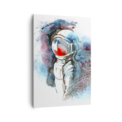 Impression sur toile - Image sur toile - Un cosmonaute dans une aquarelle dynamique avec des détails cosmiques - 70x100cm - Seul avec l'espace - Décoration murale moderne pour le salon et la chambre ARTTOR