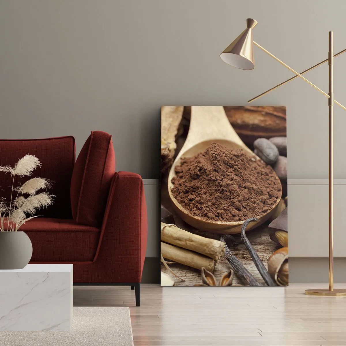 Impression sur toile - Image sur toile - Une cuillerée d'ingrédients à base de cacao et de chocolat dans un arrangement rustique - 80x120cm - La meilleure pour les chagrins - Décoration murale moderne pour le salon et la chambre ARTTOR