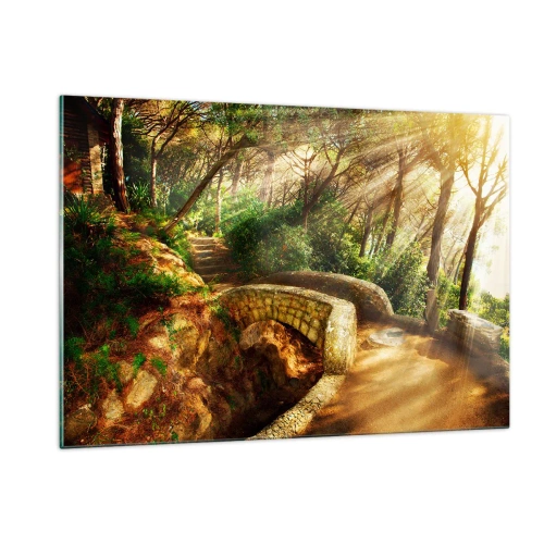 Impression sur verre - Image sur verre - Les rayons du soleil illuminent le pont et le chemin de la forêt - 120x80cm - Directement du pont dans une forêt de conte de fées - Décoration murale moderne pour le salon et la chambre ARTTOR