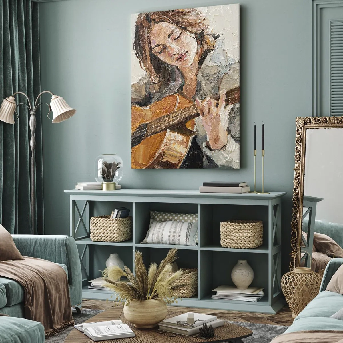 Impression sur toile - Image sur toile - Portrait d'une fille jouant de la guitare dans un style pictural aux couleurs chaudes. - 70x100cm - Concerto pour guitare et coeur de fille - Décoration murale moderne pour le salon et la chambre ARTTOR