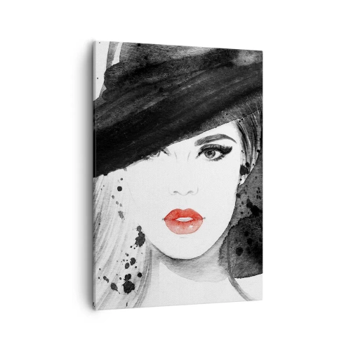 Impression sur toile - Image sur toile - Portrait d'une femme au chapeau et aux lèvres rouges - 50x70cm - Dame en noir - Décoration murale moderne pour le salon et la chambre ARTTOR