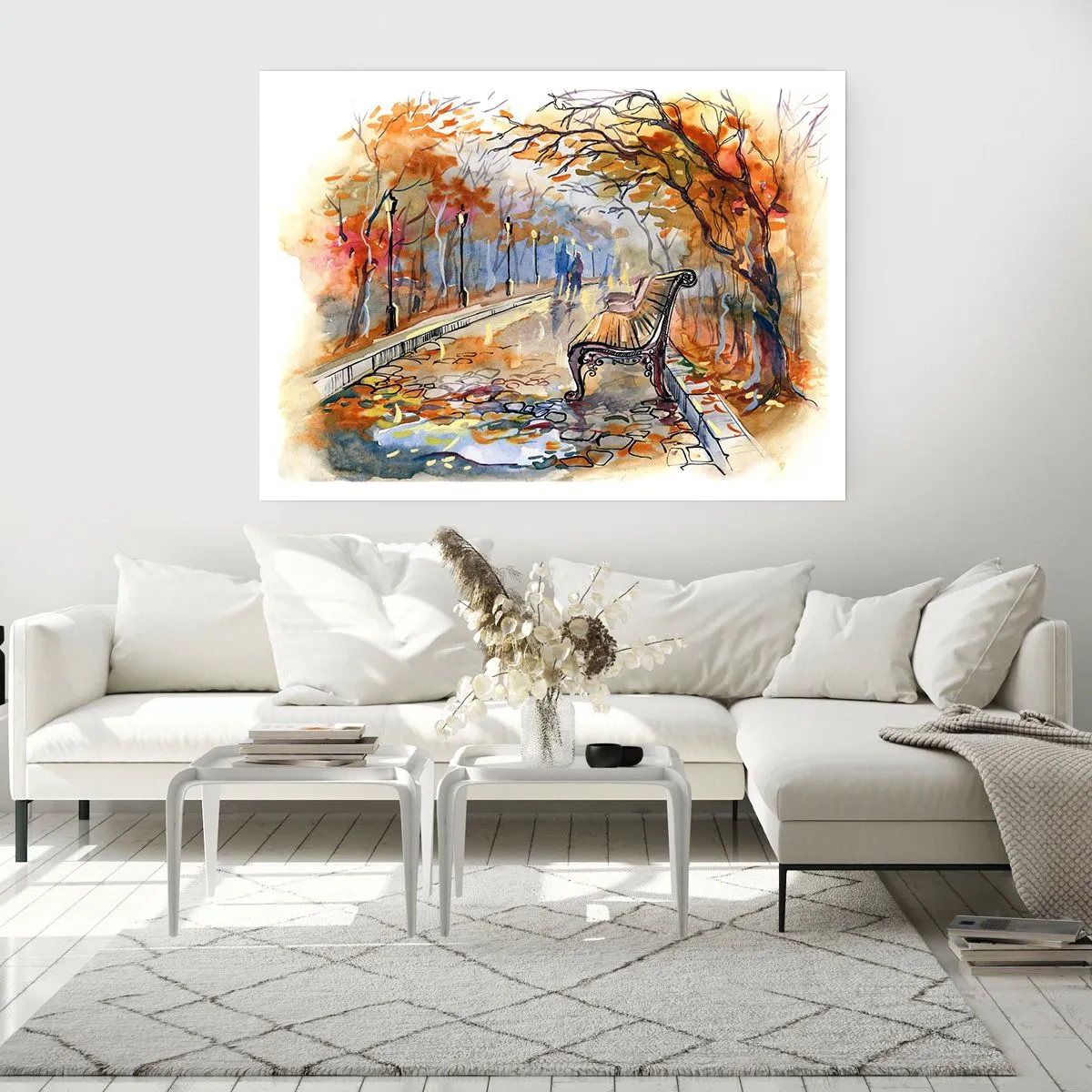 Affiche - Poster - Un parc d'automne avec un banc à l'aquarelle - 100x70cm - Errer ensemble à l'automne - Décoration murale moderne pour le salon et la chambre ARTTOR