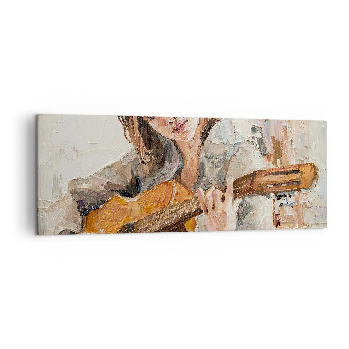 Impression sur toile - Image sur toile - Portrait d'une fille jouant de la guitare dans un style pictural aux couleurs chaudes. - 140x50cm - Concerto pour guitare et coeur de fille - Décoration murale moderne pour le salon et la chambre ARTTOR