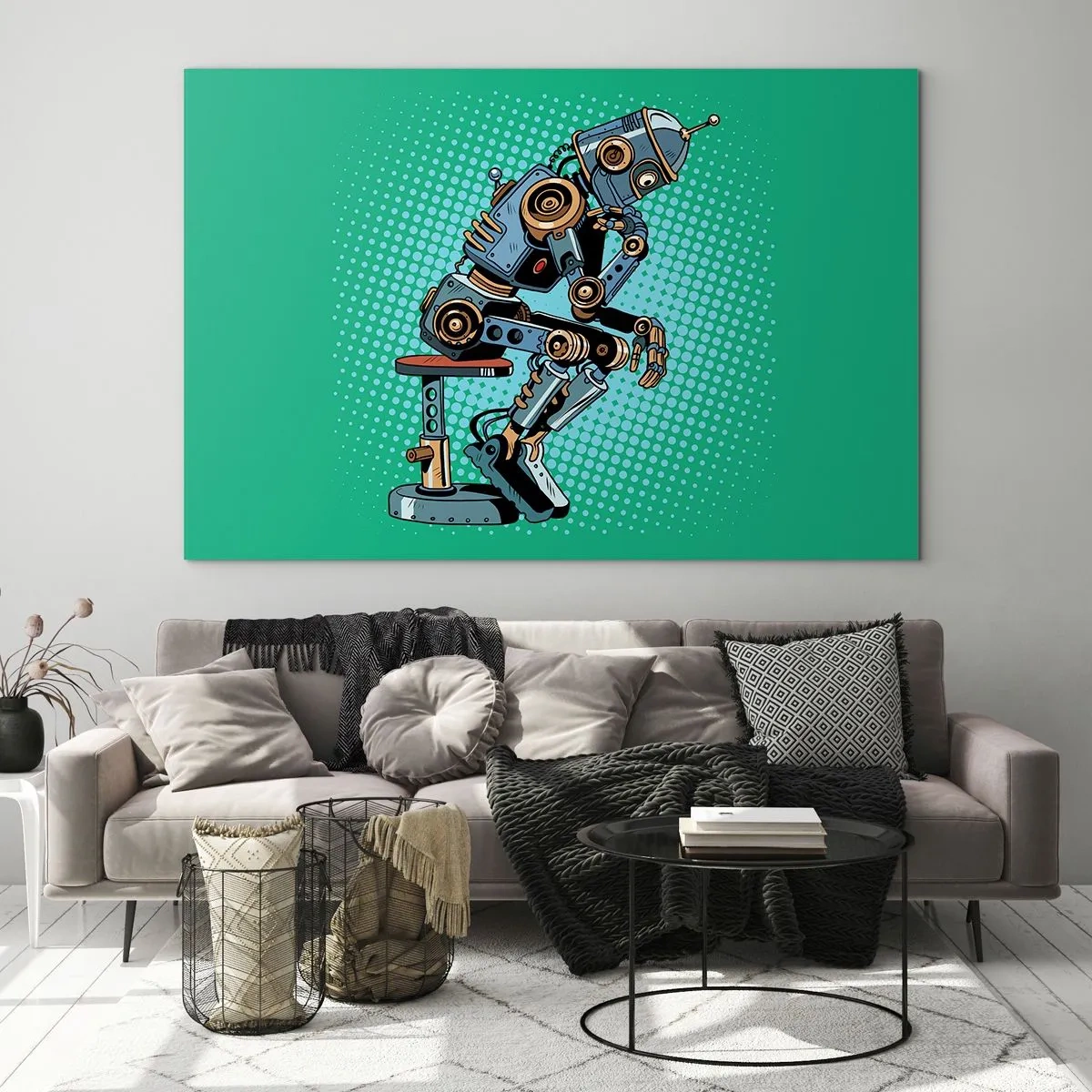 Impression sur verre - Image sur verre - Un robot penseur sur un fond de motif pop art vert. - 100x70cm - Au-dessus de l'essence de l'être - Décoration murale moderne pour le salon et la chambre ARTTOR